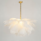 Chandelier, Ostrich Feather Shade, Brass Base, 6x G9, 110 cm