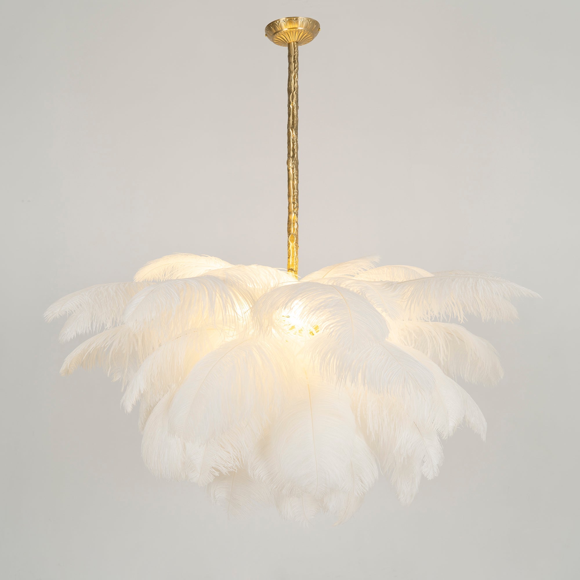 Chandelier, Ostrich Feather Shade, Brass Base, 6x G9, 110 cm