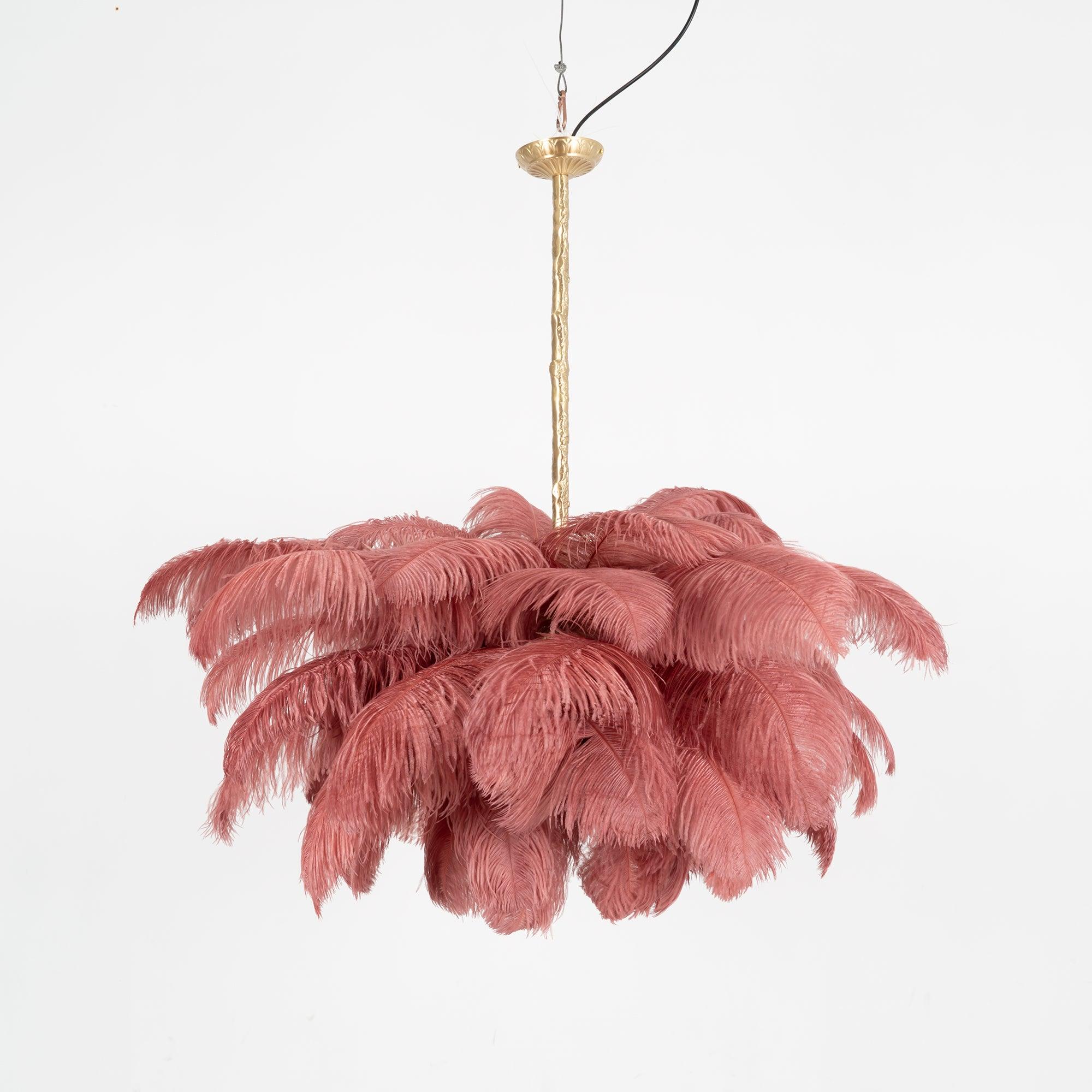 Chandelier, Ostrich Feather Shade, Brass Base, 6x G9, 110 cm