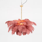 Chandelier, Ostrich Feather Shade, Brass Base, 6x G9, 110 cm
