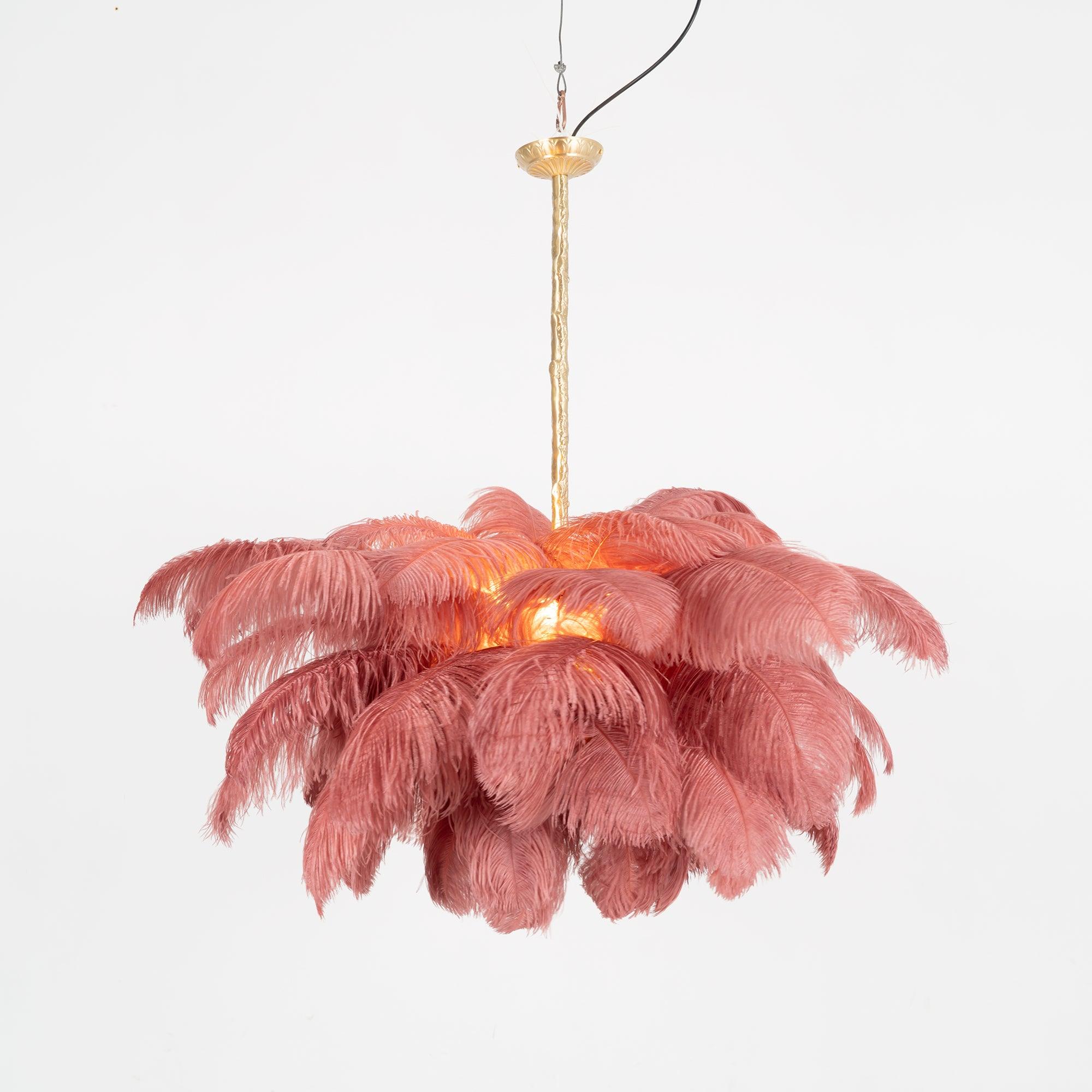 Chandelier, Ostrich Feather Shade, Brass Base, 6x G9, 110 cm