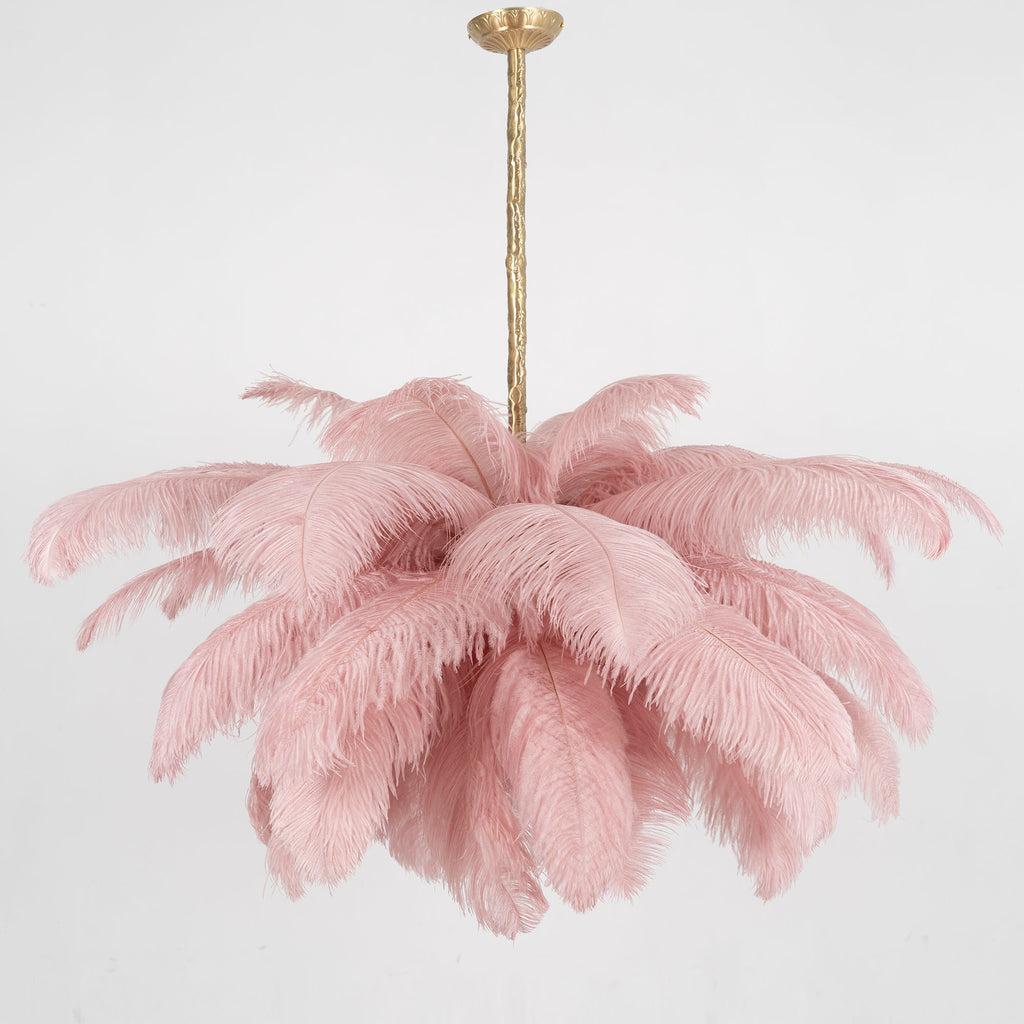 Chandelier, Ostrich Feather Shade, Brass Base, 6x G9, 110 cm