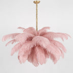 Chandelier, Ostrich Feather Shade, Brass Base, 6x G9, 110 cm