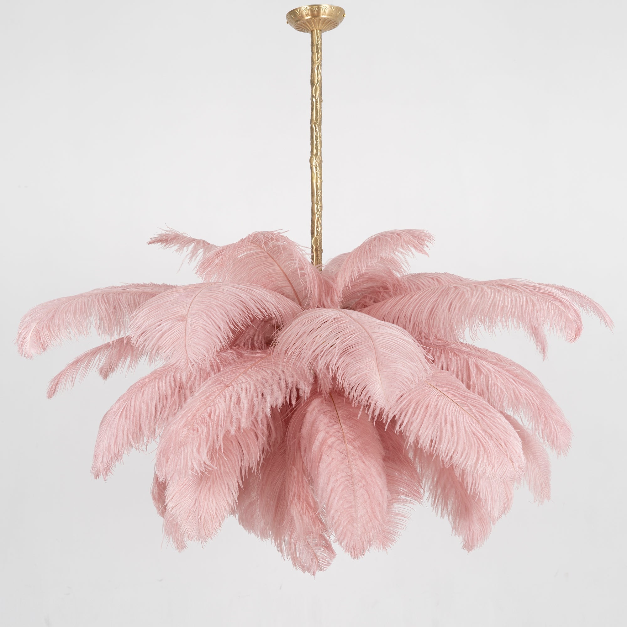 Chandelier, Ostrich Feather Shade, Brass Base, 6x G9, 110 cm