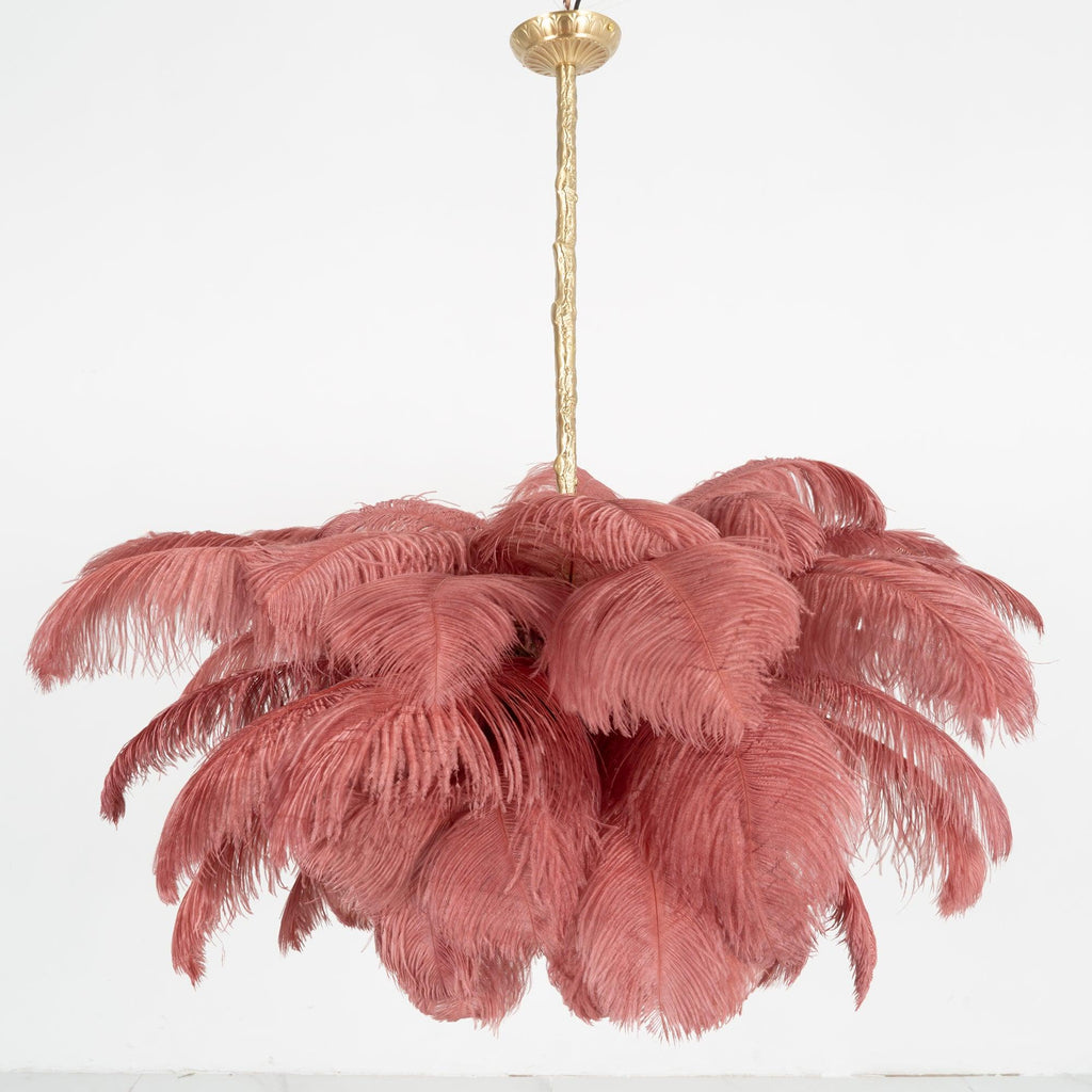 Chandelier, Ostrich Feather Shade, Brass Base, 6x G9, 110 cm