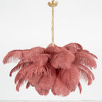 Chandelier, Ostrich Feather Shade, Brass Base, 6x G9, 110 cm