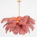 Chandelier, Ostrich Feather Shade, Brass Base, 6x G9, 110 cm
