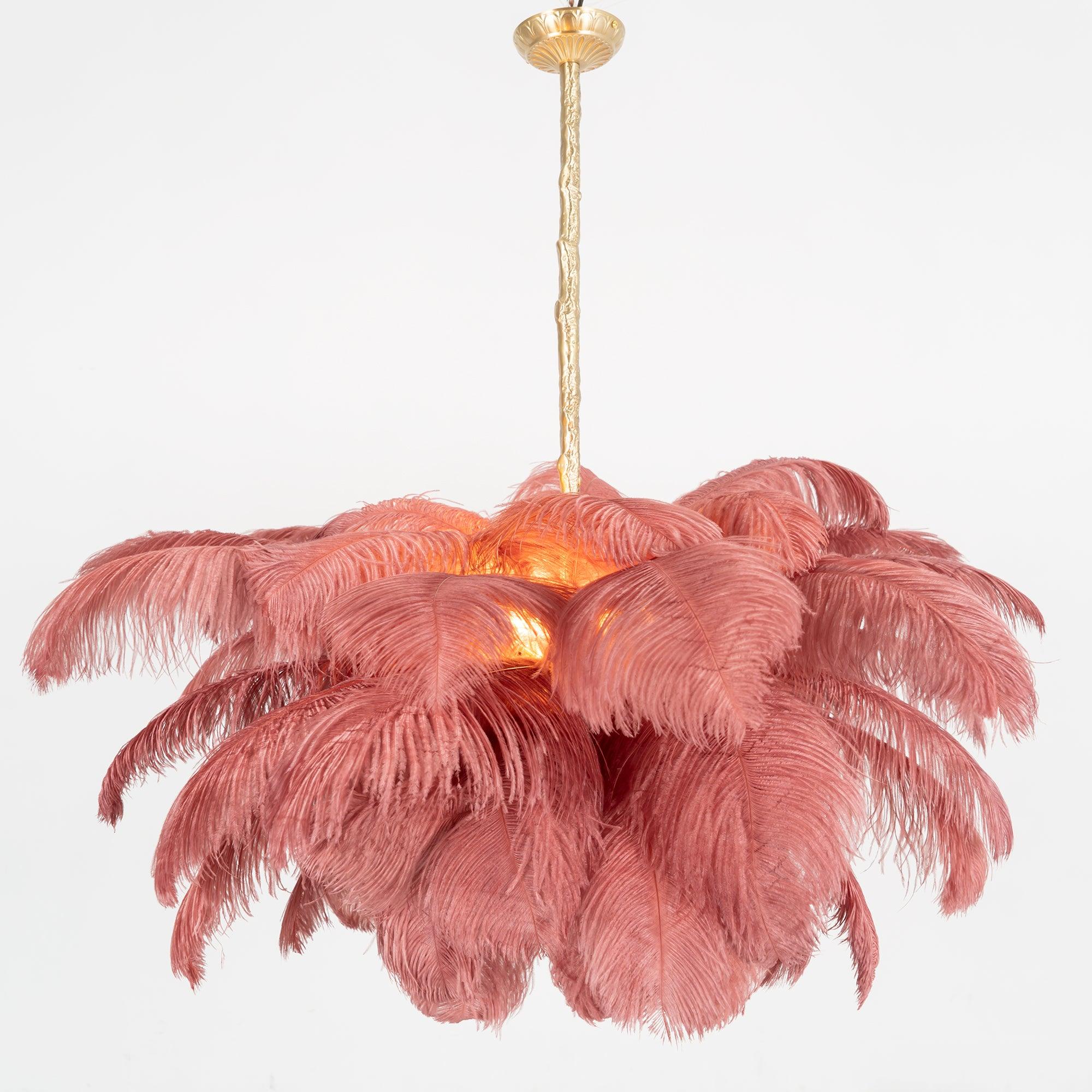 Chandelier, Ostrich Feather Shade, Brass Base, 6x G9, 110 cm