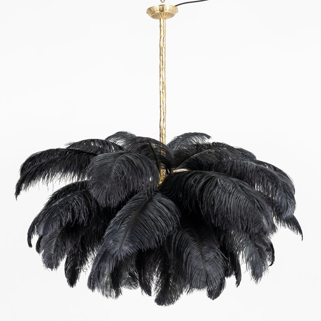 Chandelier, Ostrich Feather Shade, Brass Base, 6x G9, 110 cm
