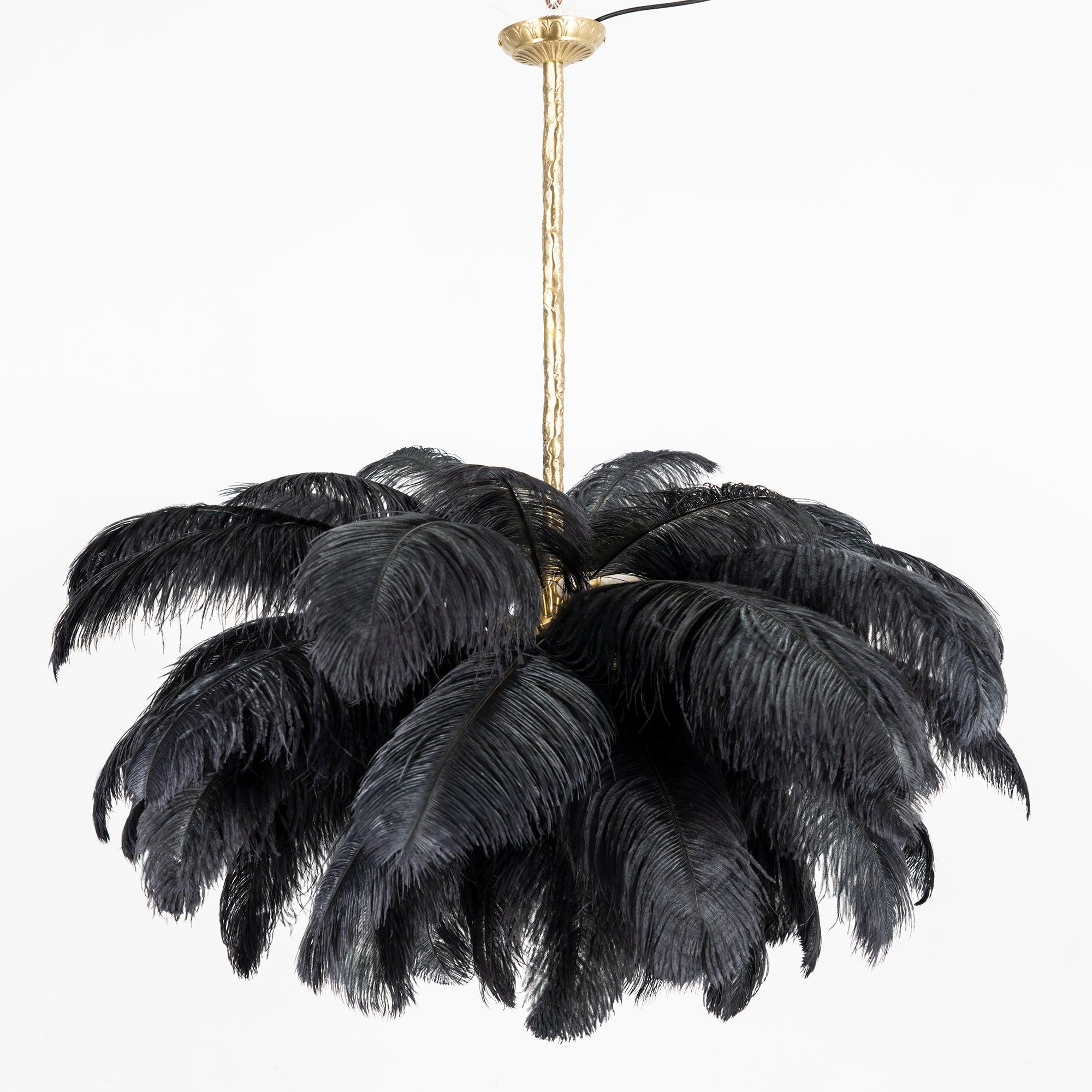 Chandelier, Ostrich Feather Shade, Brass Base, 6x G9, 110 cm