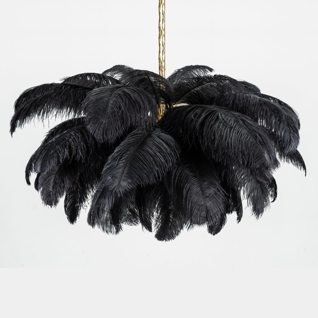 Chandelier, Ostrich Feather Shade, Brass Base, 6x G9, 110 cm