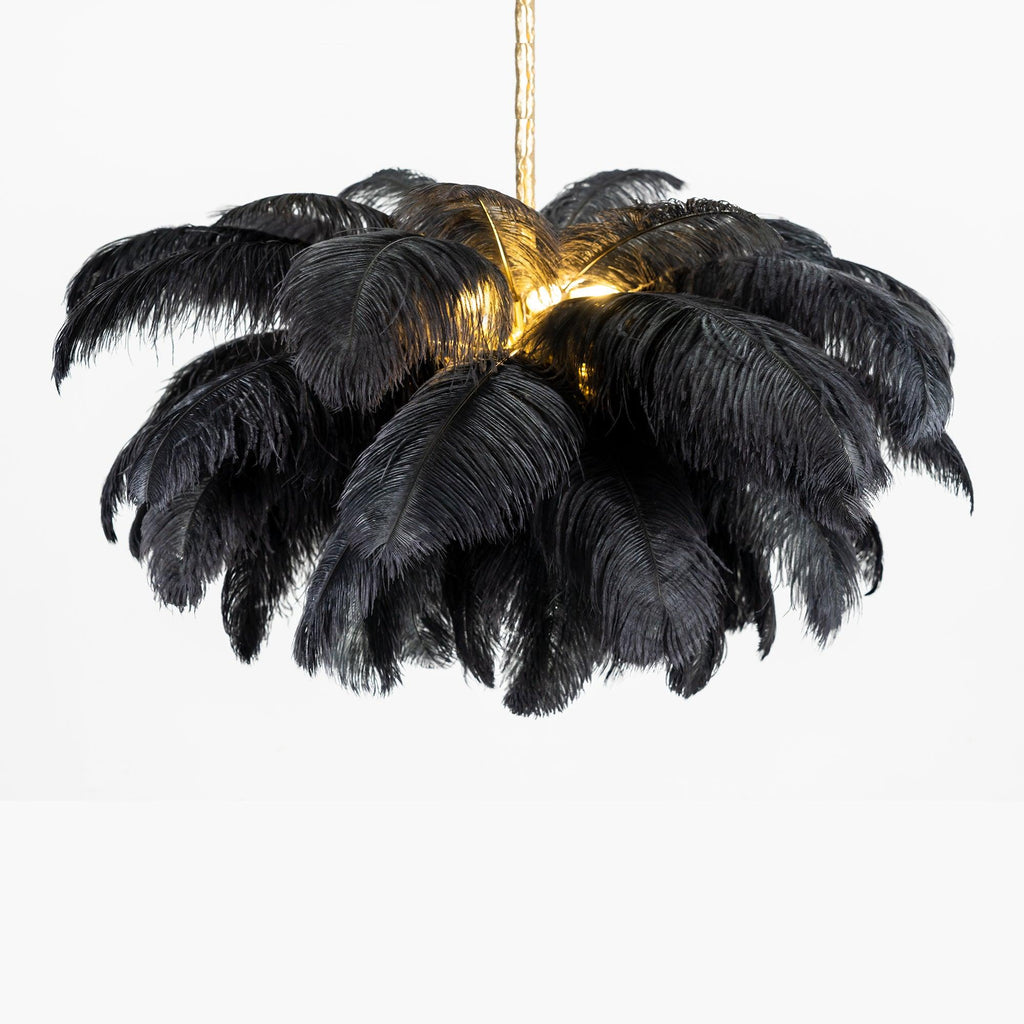 Chandelier, Ostrich Feather Shade, Brass Base, 6x G9, 110 cm