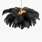 Chandelier, Ostrich Feather Shade, Brass Base, 6x G9, 110 cm