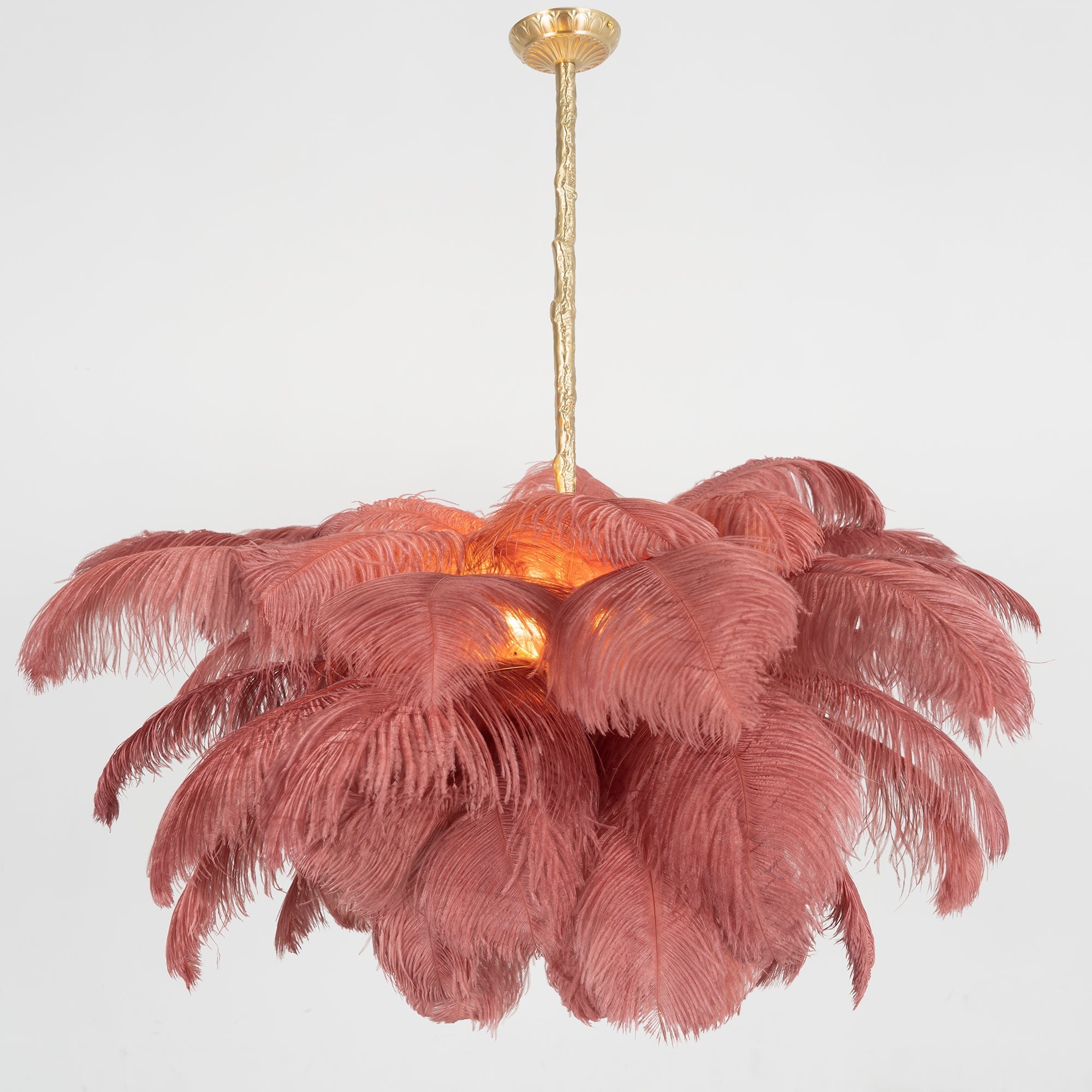 Chandelier, Ostrich Feather Shade, Brass Base, 6x G9, 110 cm