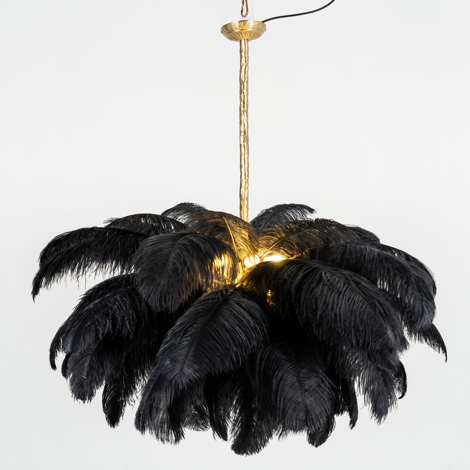 Chandelier, Ostrich Feather Shade, Brass Base, 6x G9, 110 cm