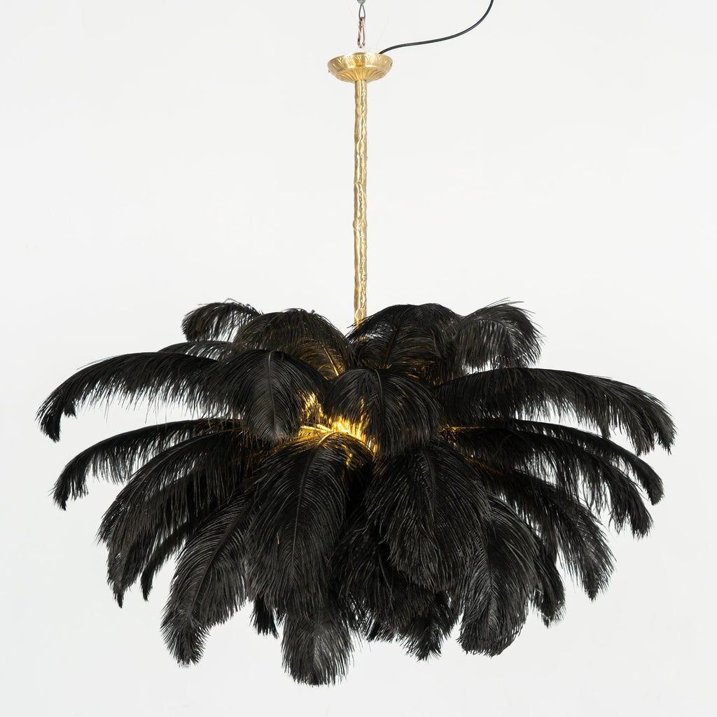 Chandelier, Ostrich Feather Shade, Brass Base, 6x G9, 110 cm