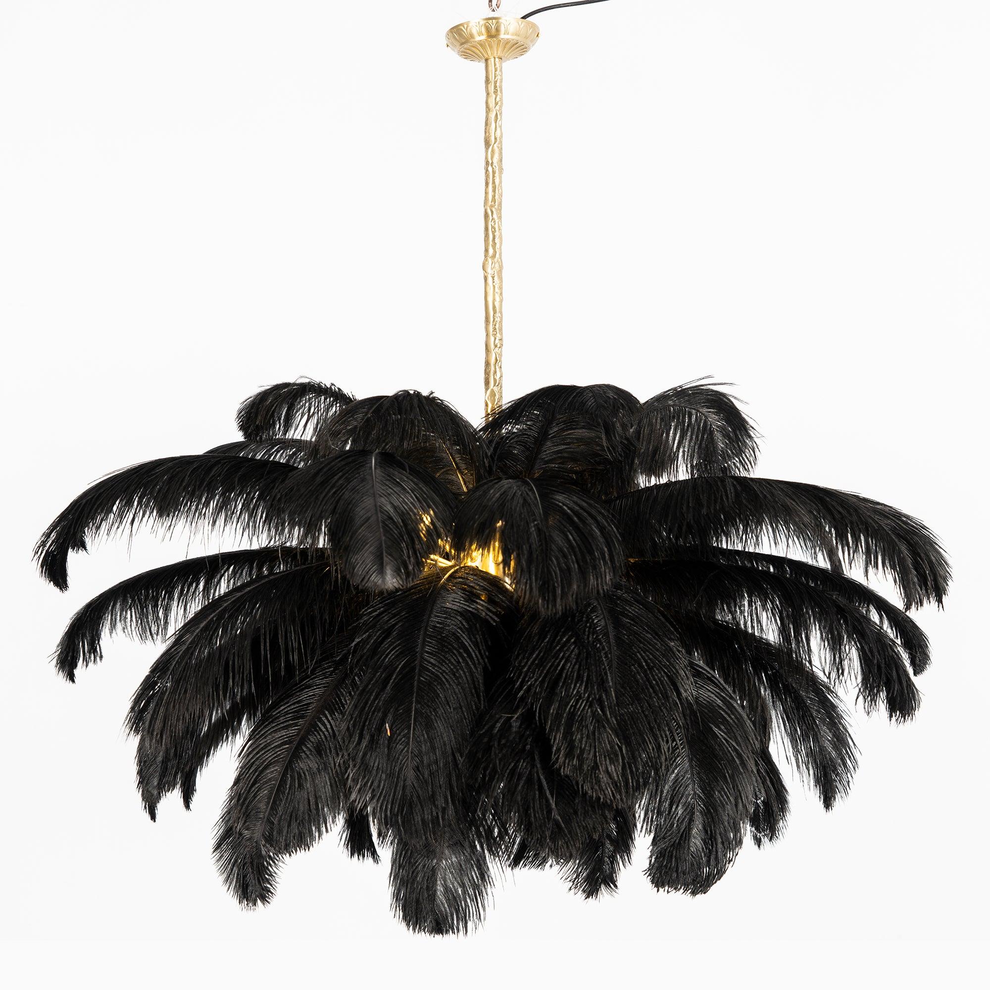 Chandelier, Ostrich Feather Shade, Brass Base, 6x G9, 110 cm
