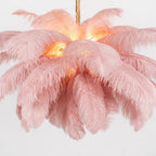 Chandelier, Ostrich Feather Shade, Brass Base, 6x G9, 110 cm
