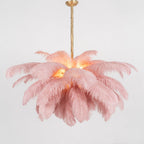 Chandelier, Ostrich Feather Shade, Brass Base, 6x G9, 110 cm