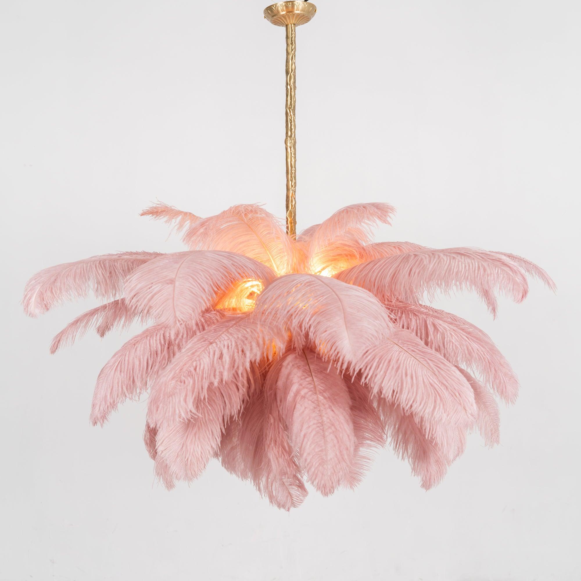 Chandelier, Ostrich Feather Shade, Brass Base, 6x G9, 110 cm