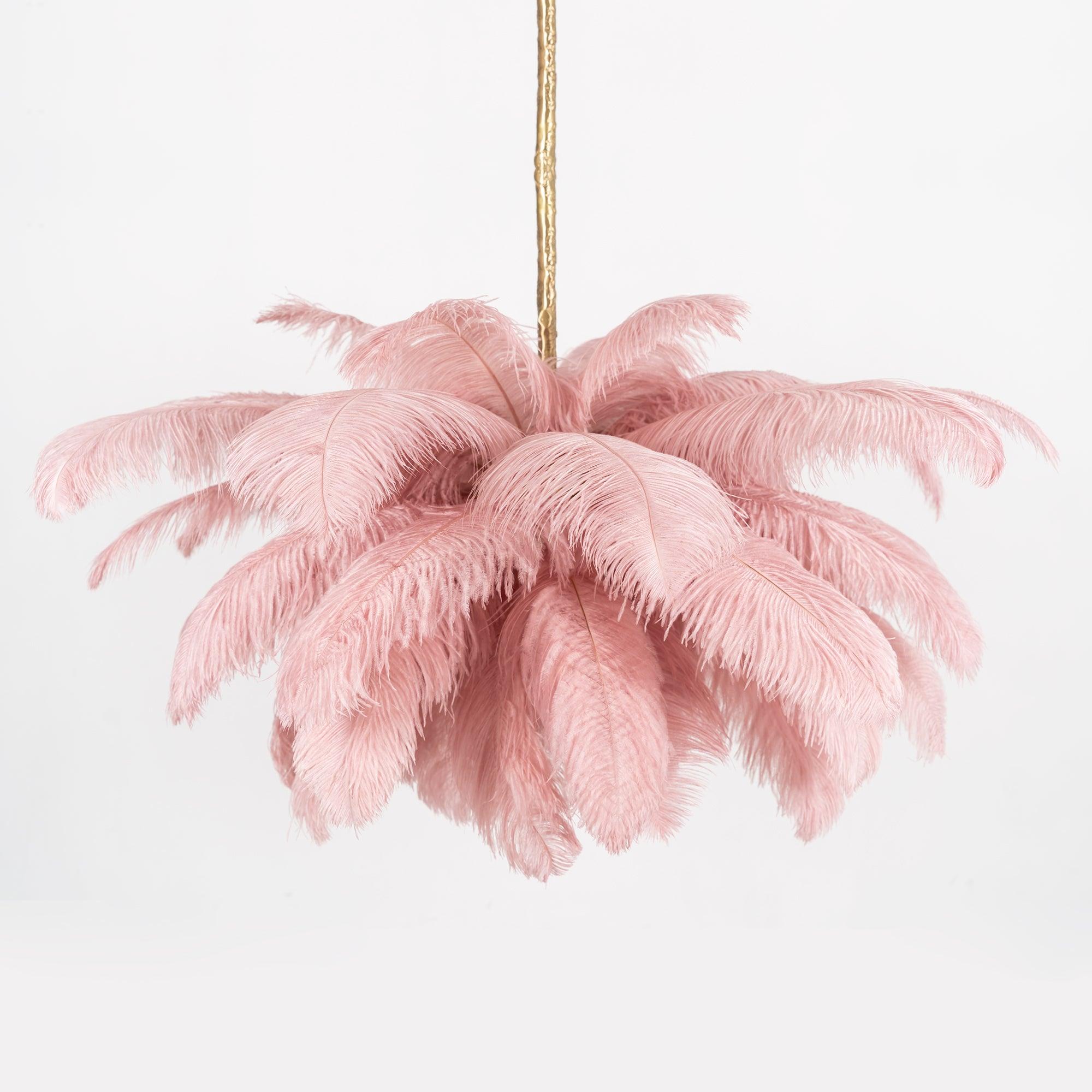 Chandelier, Ostrich Feather Shade, Brass Base, 6x G9, 110 cm