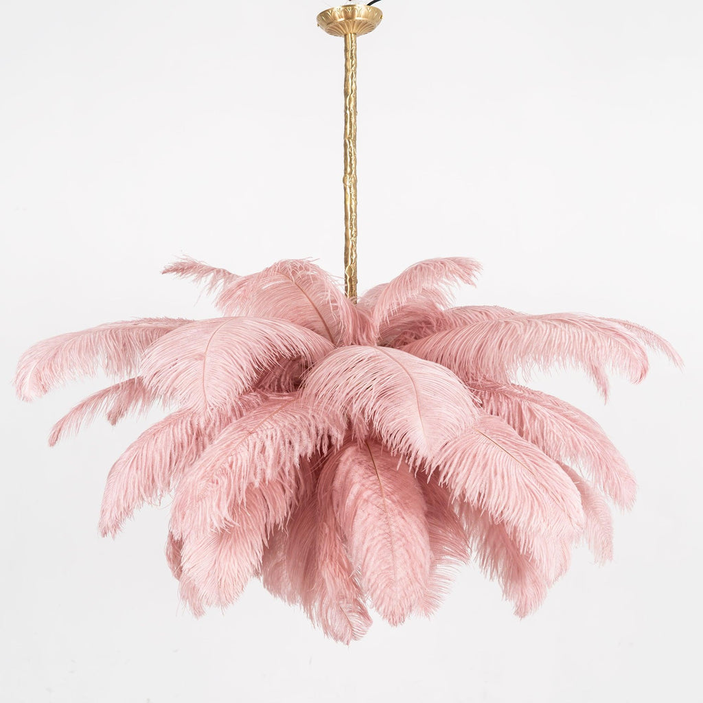 Chandelier, Ostrich Feather Shade, Brass Base, 6x G9, 110 cm