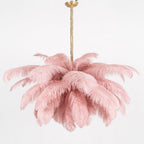 Chandelier, Ostrich Feather Shade, Brass Base, 6x G9, 110 cm