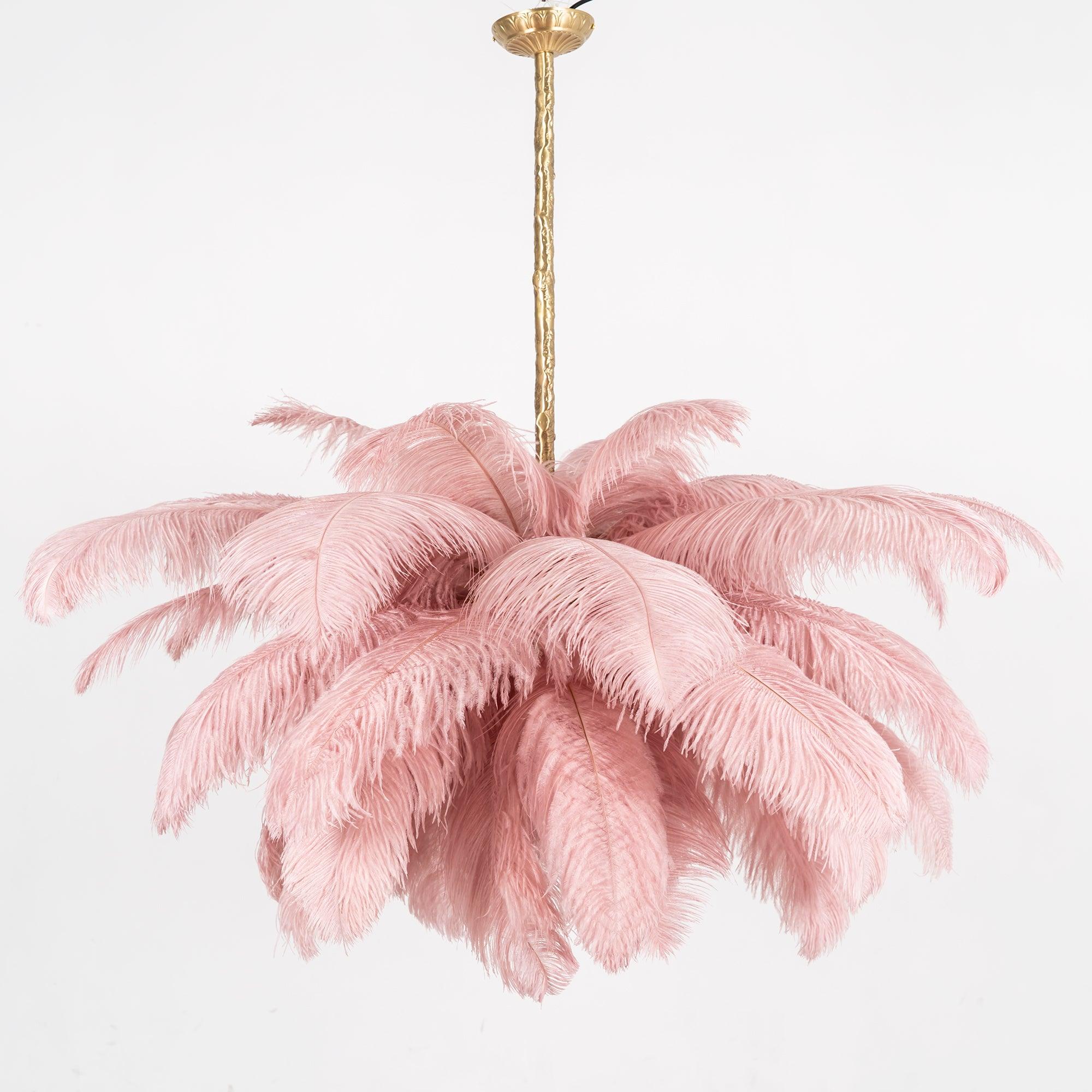 Chandelier, Ostrich Feather Shade, Brass Base, 6x G9, 110 cm