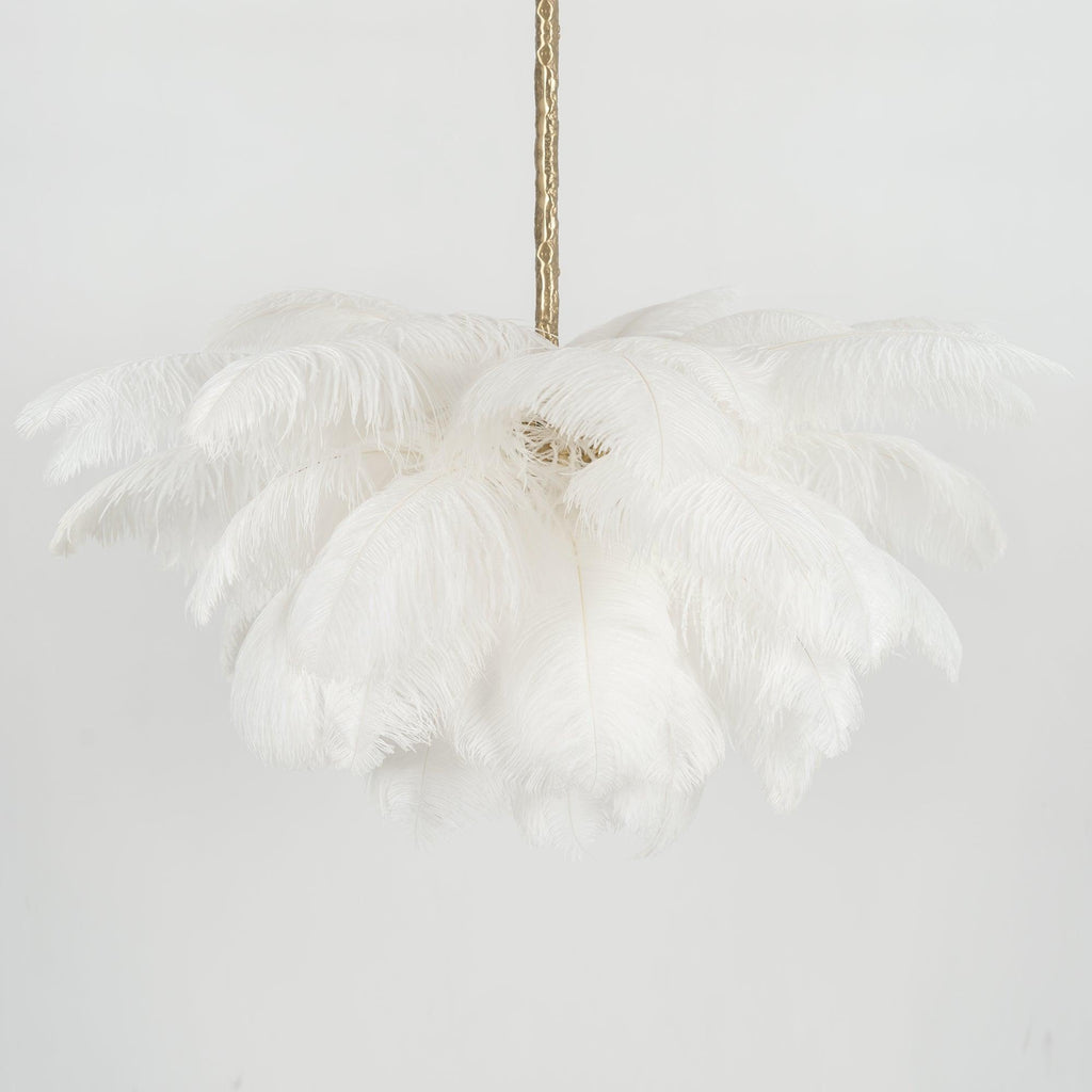 Chandelier, Ostrich Feather Shade, Brass Base, 6x G9, 110 cm