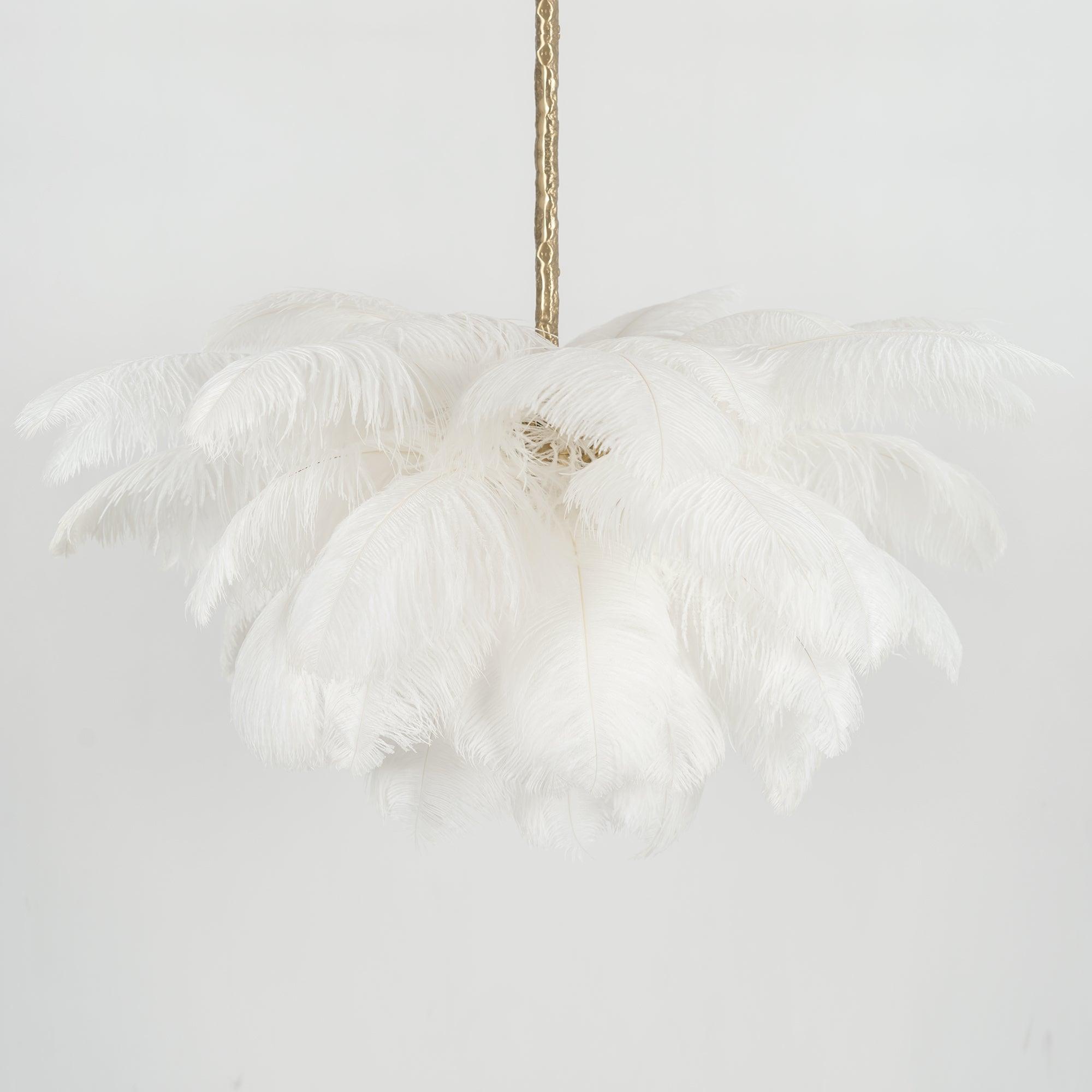 Chandelier, Ostrich Feather Shade, Brass Base, 6x G9, 110 cm