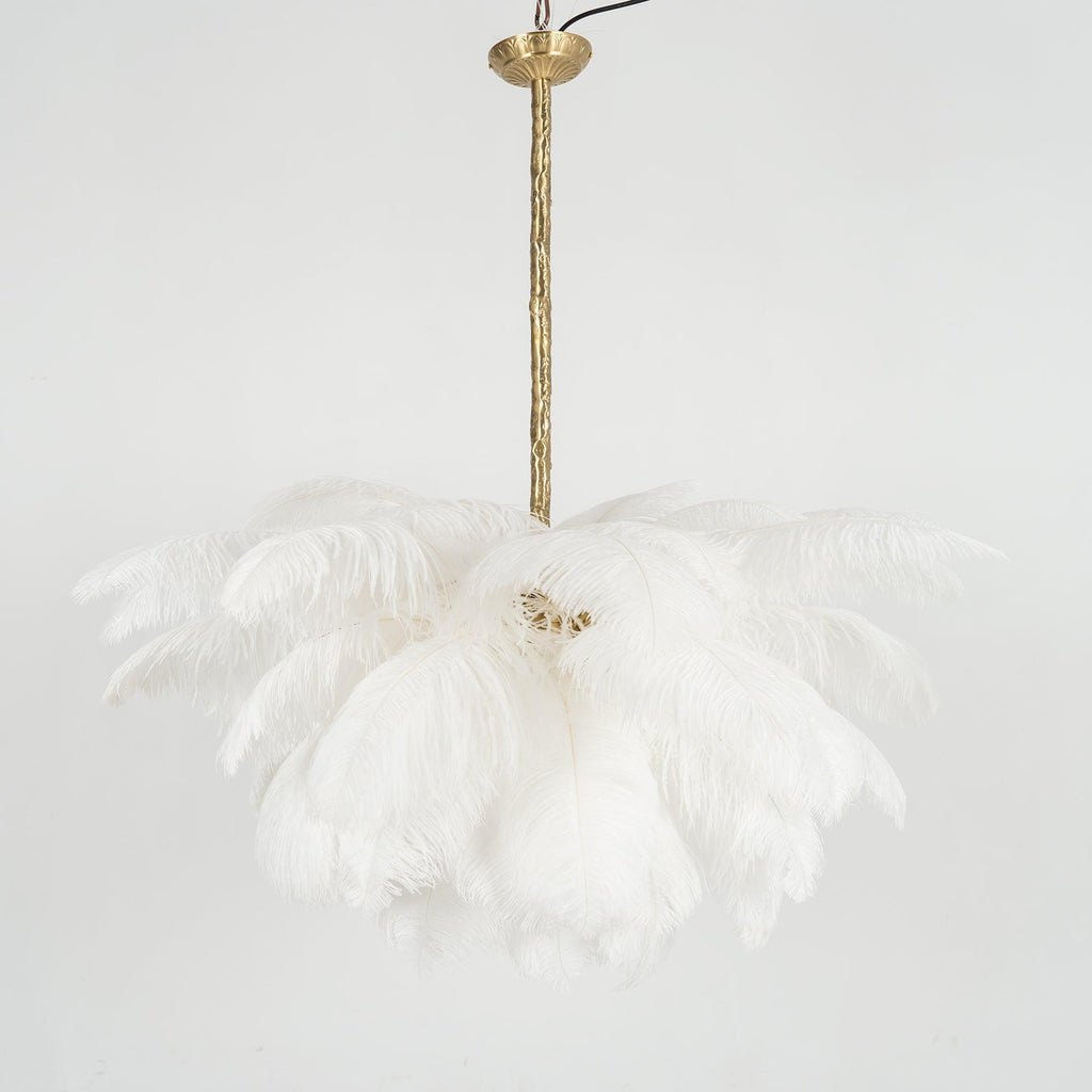 Chandelier, Ostrich Feather Shade, Brass Base, 6x G9, 110 cm