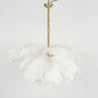 Chandelier, Ostrich Feather Shade, Brass Base, 6x G9, 110 cm