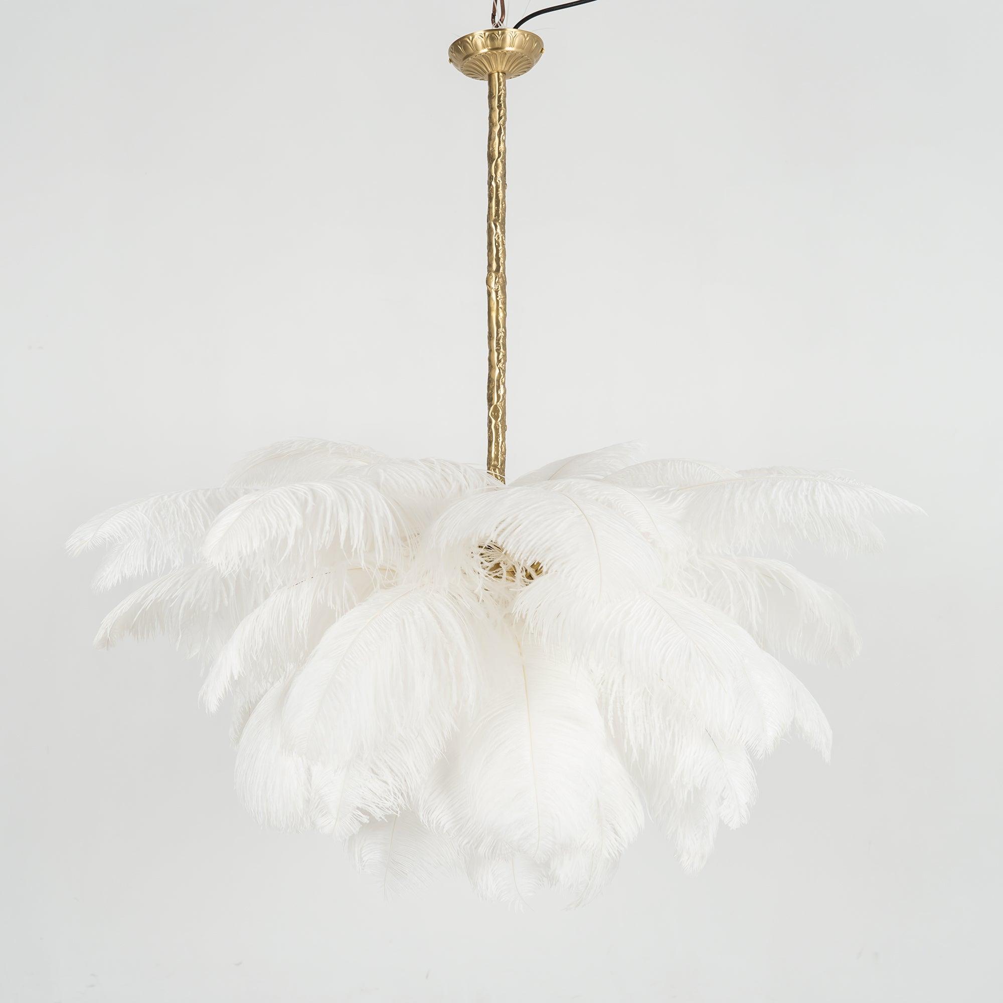 Chandelier, Ostrich Feather Shade, Brass Base, 6x G9, 110 cm