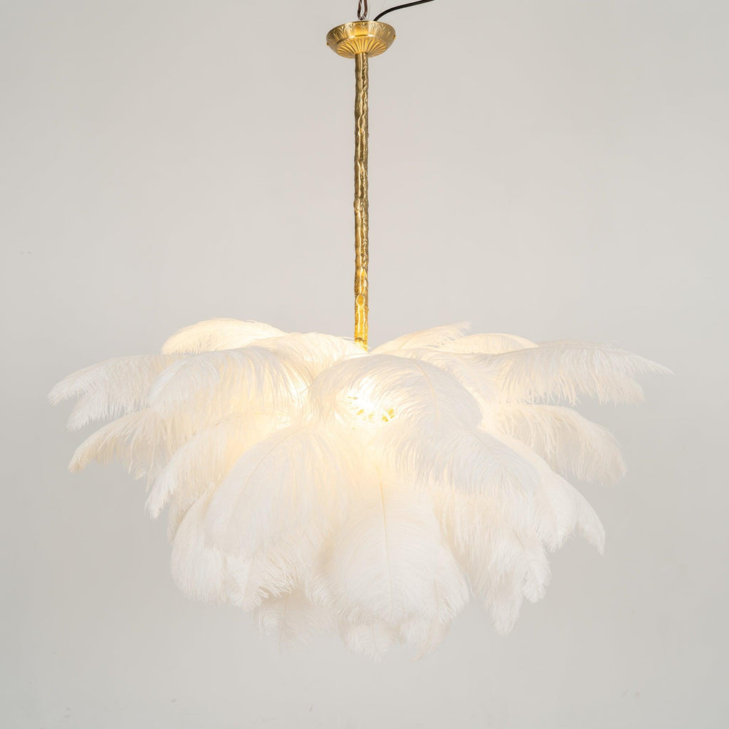 Chandelier, Ostrich Feather Shade, Brass Base, 6x G9, 110 cm