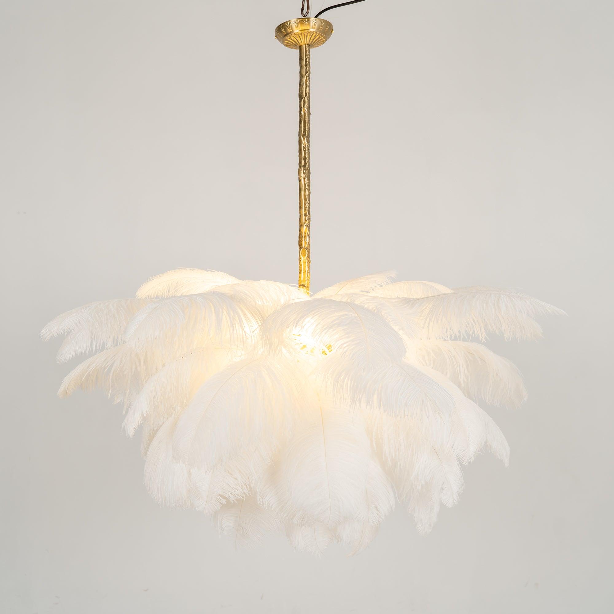 Chandelier, Ostrich Feather Shade, Brass Base, 6x G9, 110 cm