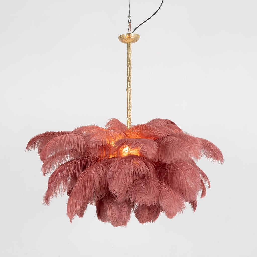 Chandelier, Ostrich Feather Shade, Brass Base, 6x G9, 110 cm