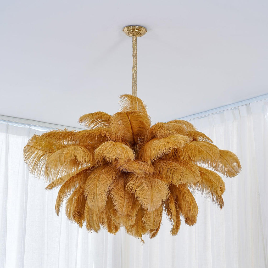 Chandelier, Ostrich Feather Shade, Brass Base, 6x G9, 110 cm