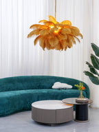 Chandelier, Ostrich Feather Shade, Brass Base, 6x G9, 110 cm