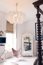 Chandelier, Ostrich Feather Shade, Brass Base, 6x G9, 110 cm