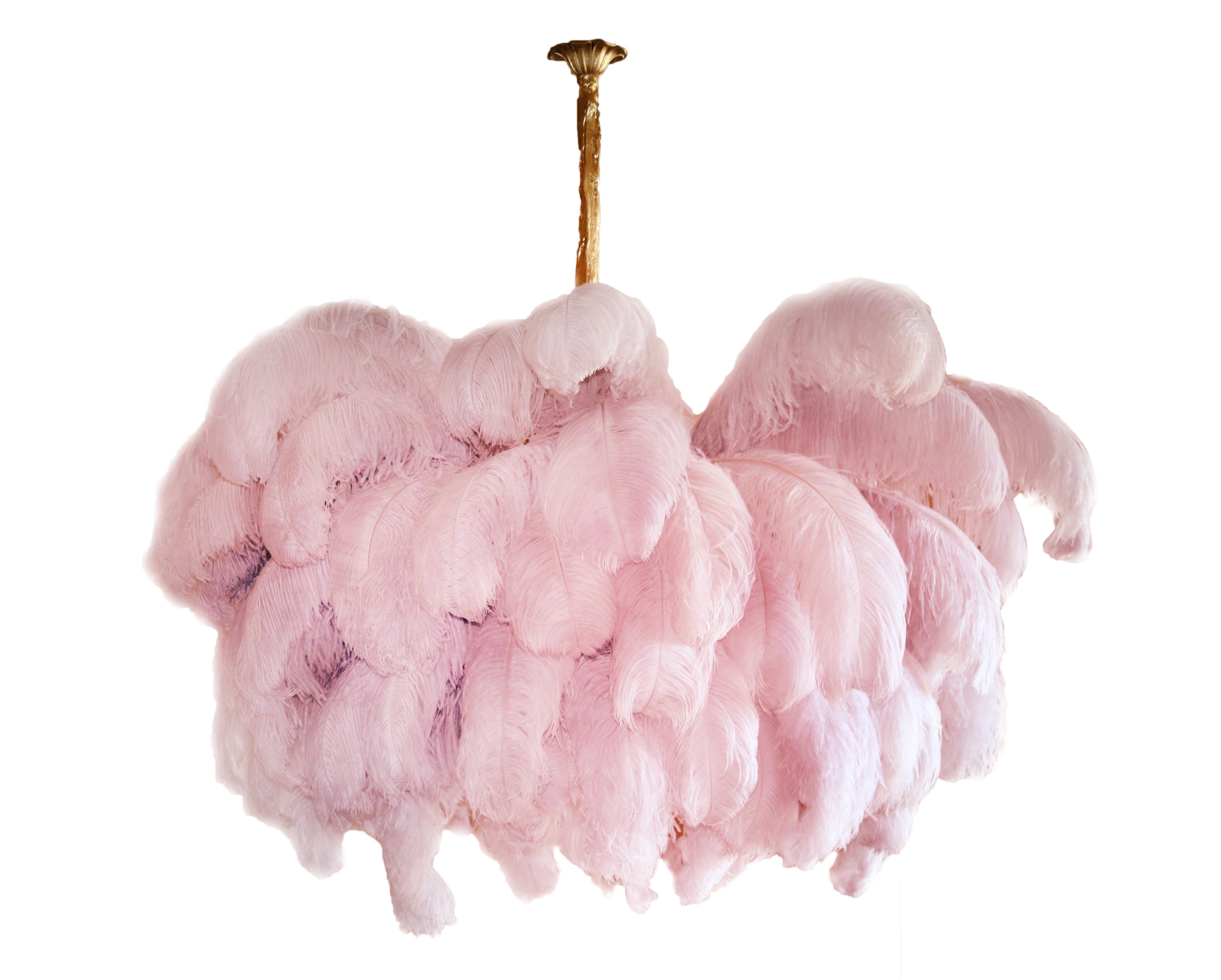 Chandelier, Ostrich Feather Shade, Brass Base, 6x G9, 110 cm