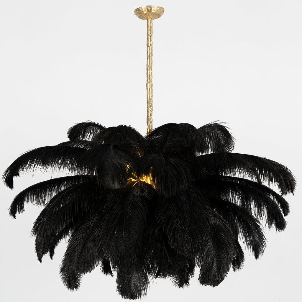 Chandelier, Ostrich Feather Shade, Brass Base, 6x G9, 110 cm