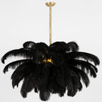 Chandelier, Ostrich Feather Shade, Brass Base, 6x G9, 110 cm