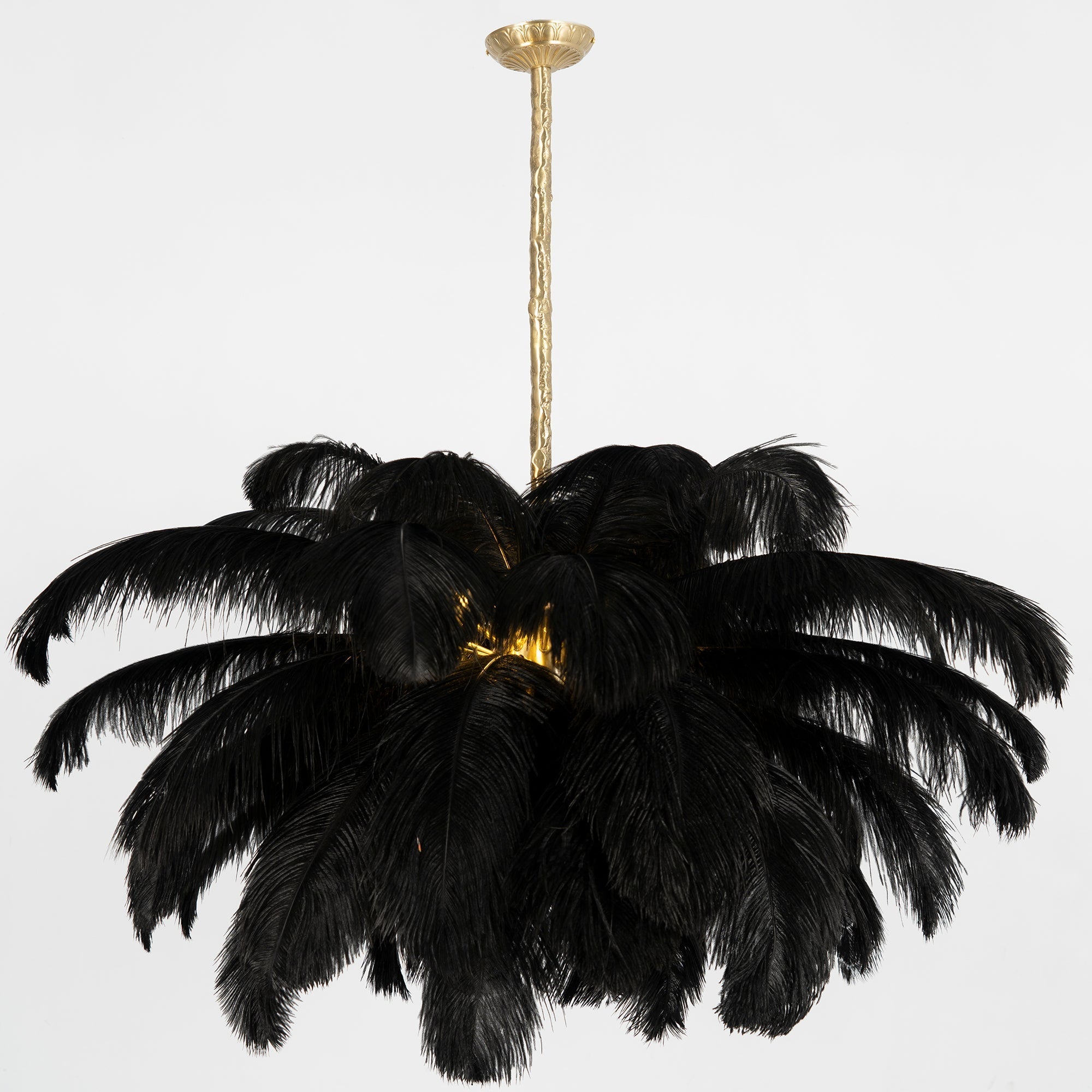 Chandelier, Ostrich Feather Shade, Brass Base, 6x G9, 110 cm