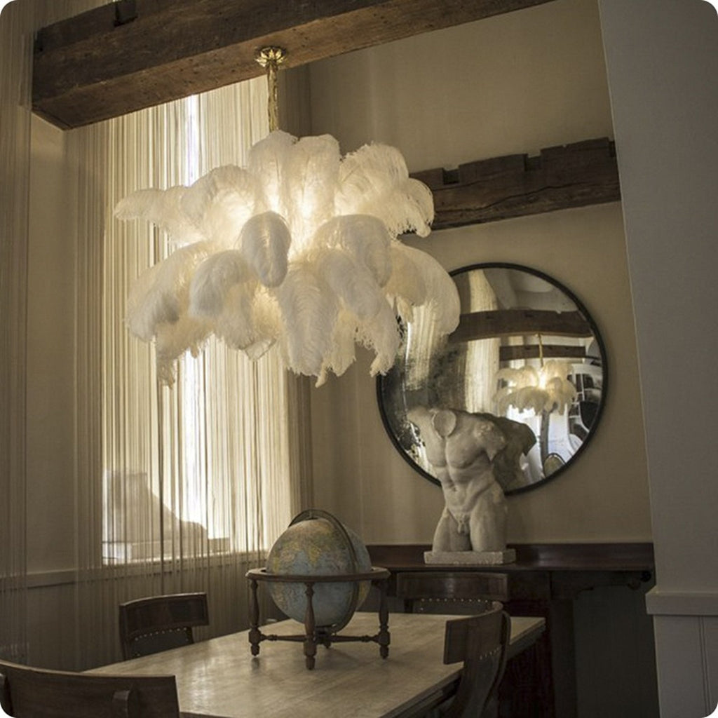 Chandelier, Ostrich Feather Shade, Brass Base, 6x G9, 110 cm