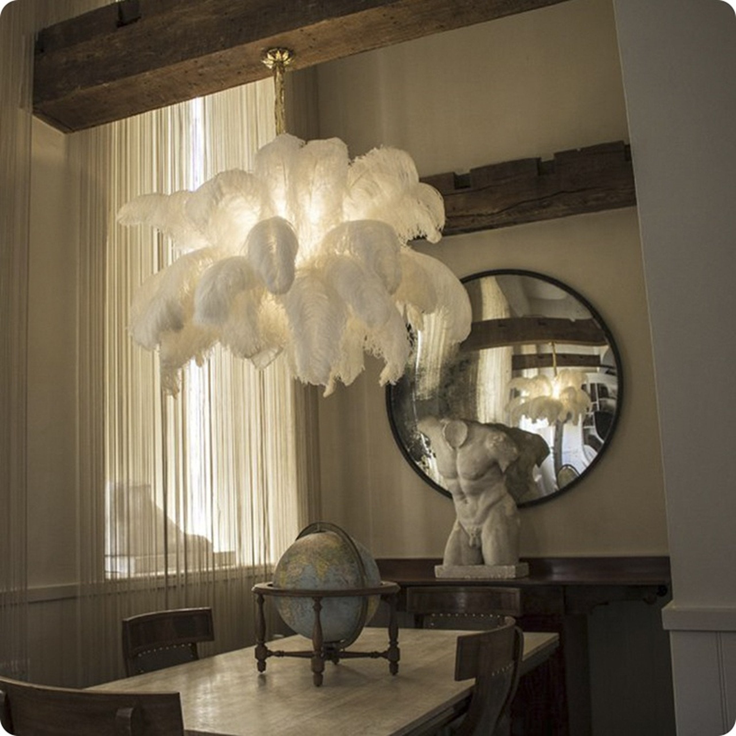 Chandelier, Ostrich Feather Shade, Brass Base, 6x G9, 110 cm
