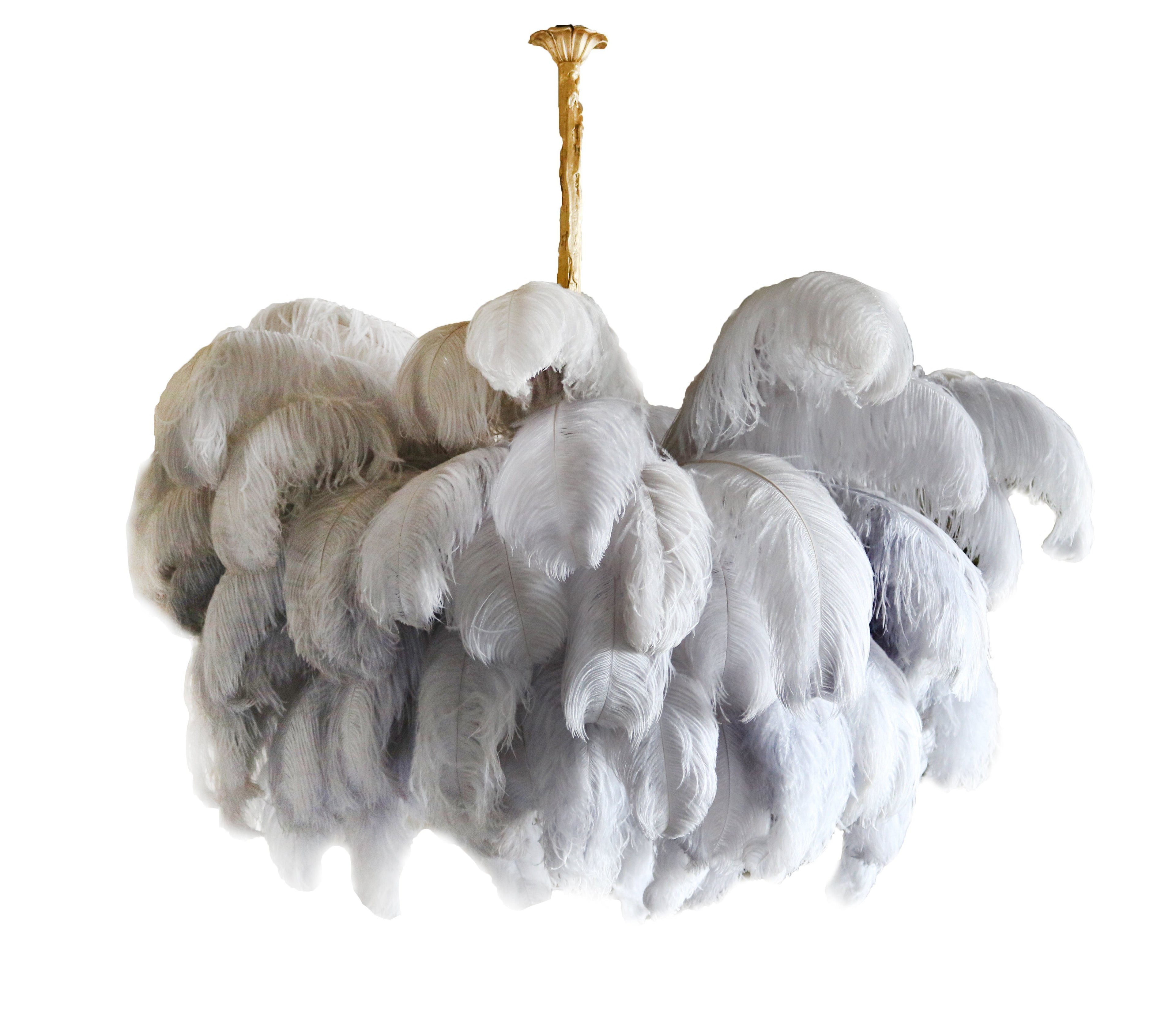 Chandelier, Ostrich Feather Shade, Brass Base, 6x G9, 110 cm