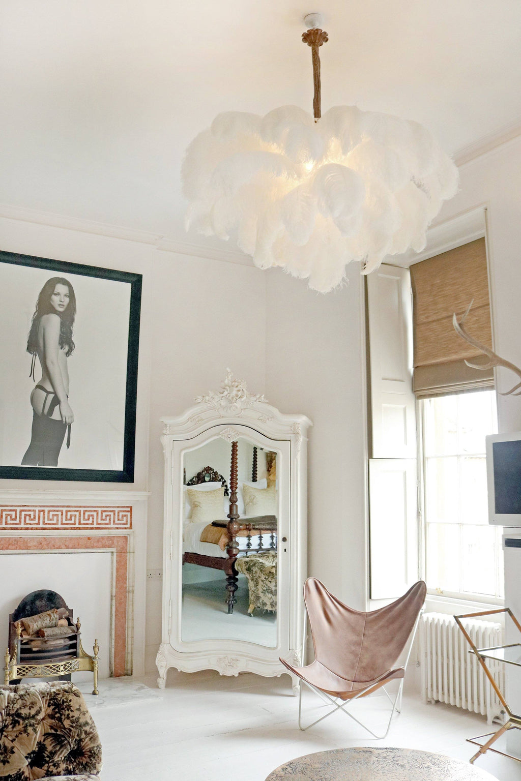 Chandelier, Ostrich Feather Shade, Brass Base, 6x G9, 110 cm
