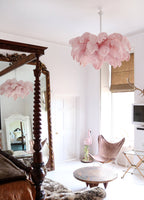 Chandelier, Ostrich Feather Shade, Brass Base, 6x G9, 110 cm