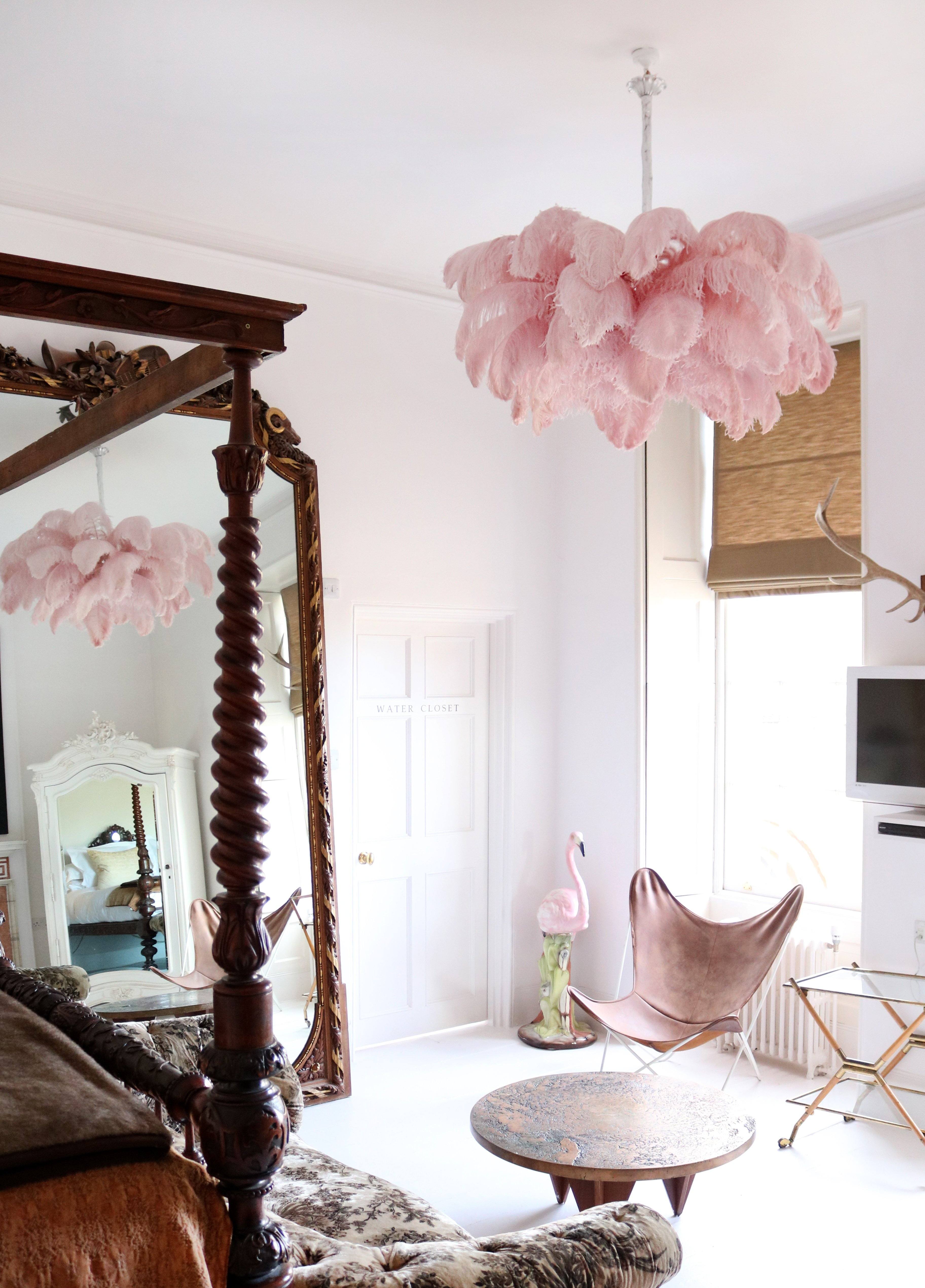 Chandelier, Ostrich Feather Shade, Brass Base, 6x G9, 110 cm