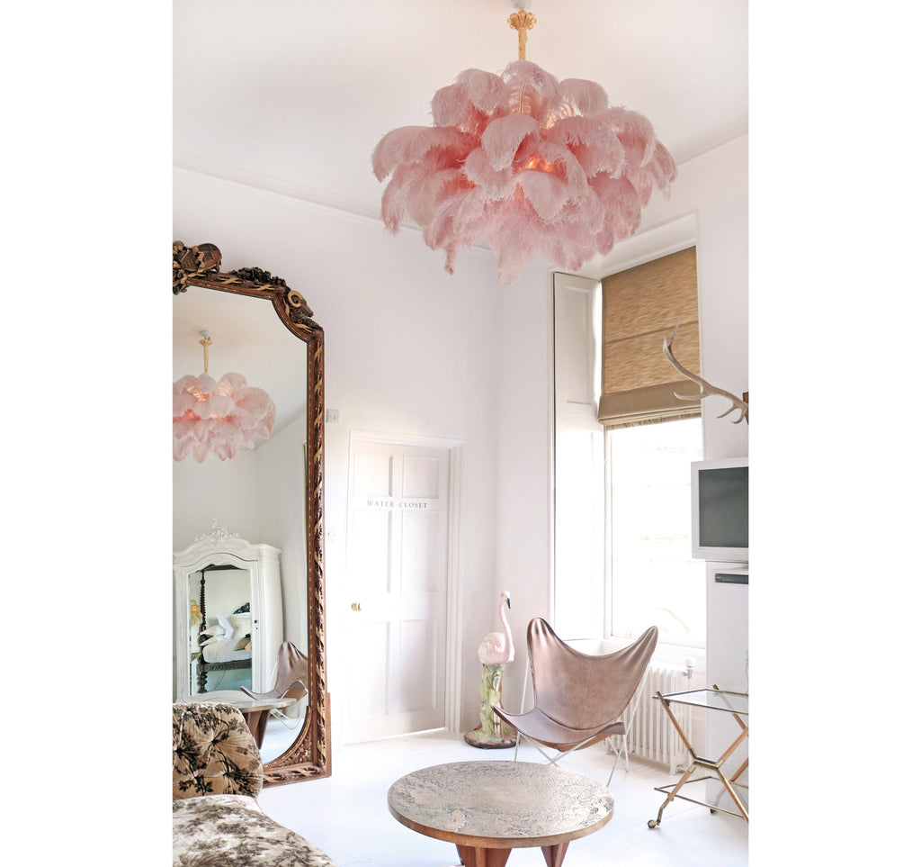 Chandelier, Ostrich Feather Shade, Brass Base, 6x G9, 110 cm